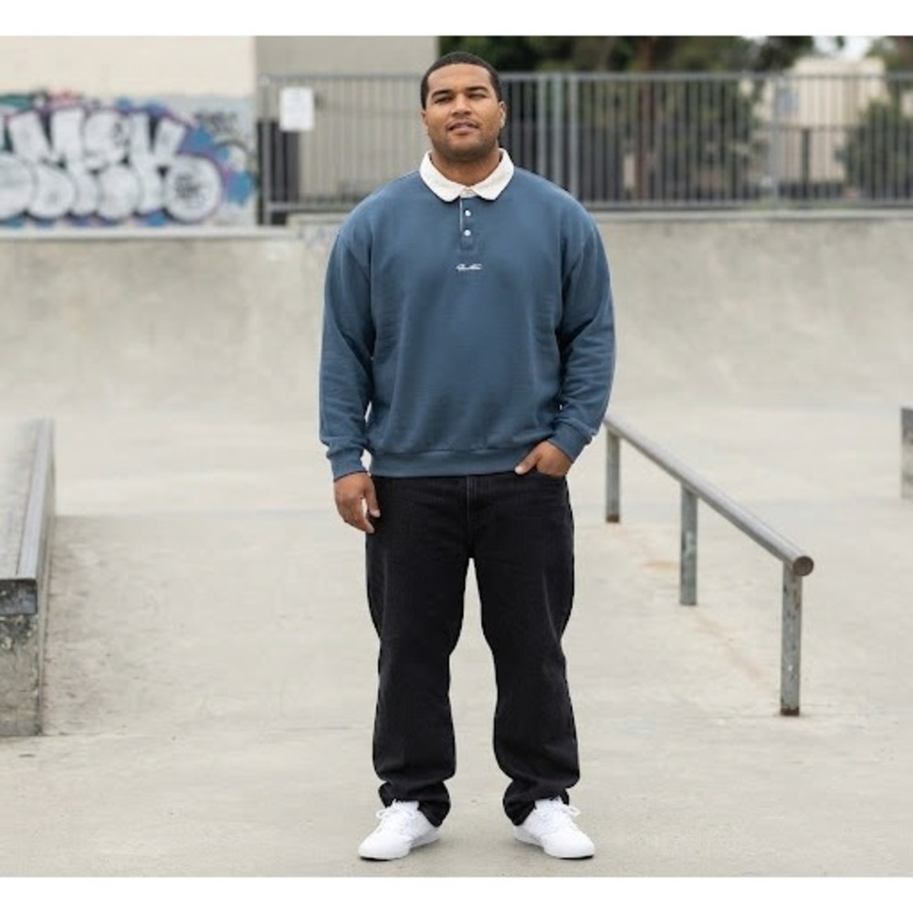 Primitive Skateboarding Mens 2XL Rugby Sweatshirt Slate Blue Collared Fleece 90s